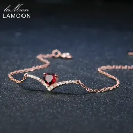 Браслеты Lamoon Heart 100% натуральный драгоценный камень Классический красный Гранат 0,3 карата Стерлинговое серебро 925 пробы Ювелирные изделия Браслет-подвеска-цепочка 18KGP S925 LMHI011