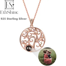 Necklaces EthShine 925 Sterling Silver Personalized Photo Necklace Customized Projection Necklace Round Tree Necklace Gifts Women Wife Mom