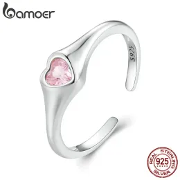 Rings Bamoer 925 Sterling Silver Stackable Pink Heart Opening Ring Angle Wings Adjustable Ring Fine Jewelry for Women Party