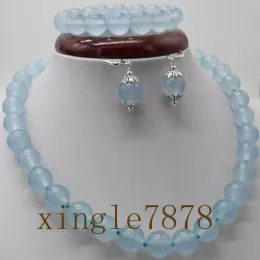 Conjuntos Natural 10mm Azul Aquamarine Gemstone Rodada Beads Pulseira Brincos Colar Conjunto