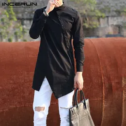 INCERUN Mens Irregular Shirt Solid Color Stand Collar Long Sleeve Casual Men Clothing Vintage Streetwear Style Shirts 240220