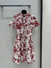 2024 Red Butterfly Print Women Dress Designer Lapel Neck Short Sleeves Cotton Silk Vestidos De Festa Holiday Party Dresses Womens With Belts dh010