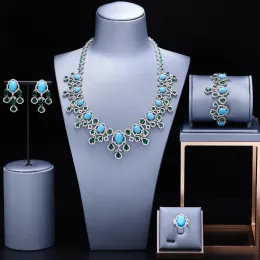 Sets 2024 Popular 4piece Cubic Zirconia Turquoise Necklace Earrings Women's Jewelry Set Zircon Dubai Bride Wedding Jewelry Set