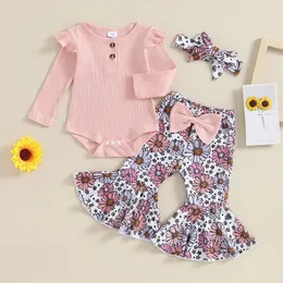 Clothing Sets 2024-10-19 Lioraitiin 0-18M Born Baby Girl Fall Winter Clothes Frill Romper Flared Pants Headband Bell-Bottoms Set Outfit