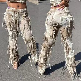 Calças tie dye franja calça carga y2k streetwear moda 2023 mulheres roupas de verão lápis casual borla calças suor corredores