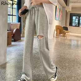 Capris Casual Pants Kobiety Solid Szare proste dziura Highwaist Highwaist Studenci LUSE FELLLEMNE WSZYSTKIE COMPERTOWE MODZI