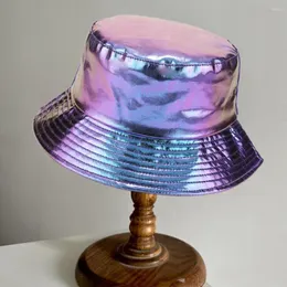 Berets Unisex Bucket Hat Waterproof Holographic Adjustable Fisherman Sun Protection Faux Leather Flat Top For Daily