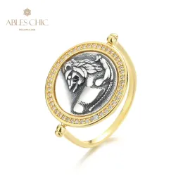 Anelli Leone greco che guarda indietro Lanciando moneta in argento Tono oro 18 carati Argento massiccio 925 Anello rotante con monete romane Anello vintage R1059