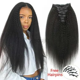 Synthetic Wigs Kinky Straight Clip in Hair Human Hair Yaki Straight Remy Hair Full Head 8-24 inch Clip On Hair 1B Color zln240222