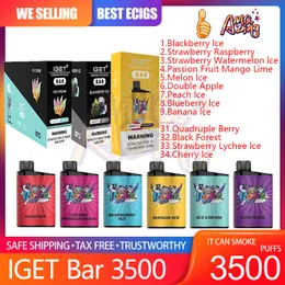 Alta qualità IGET BAR 3500 Sbuffi Penna Vape monouso E Sigaretta 1500mAh Batteria ricaricabile Cartuccia da 12 ml Baccelli Vaporizzatore Max Filex Spedito localmente in Australia