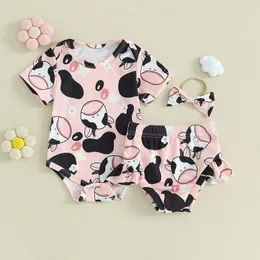 Clothing Sets Baby Girl Clothes Cow Print Short Sleeve Knit Romper Bodysuit Shorts Headband Set Summer Outfit