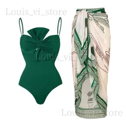 Women's Swimwear 2024 Luxury Bowknot Solid Green One Pieces Swimwear +Skirt Beachwear Swimwear for Sexy Women Sarong Two Pieces Sets Monokini T240222