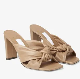 Summer Luxury Avenue Sandals Shoes Women Knot Mules Latte Nappa Leather Slip On Slippers Chunky Heels Lady Flip Flops Comfort Footwear EU35-43