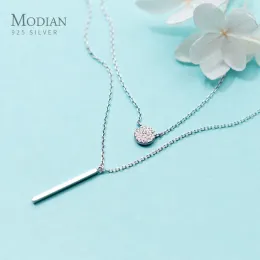 Halsketten Modian Sterling Silber Glänzende Zirkon-Scheibe Geometrischer Stab-Anhänger-Halskette für Frauen Doppelschicht-Halskette Feiner Schmuck