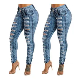 Novos jeans desgastados de cintura alta e pés pequenos com múltiplas casas de botão para roupas femininas