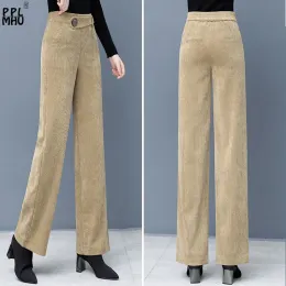 Tröjor kontor arbetar varm elastisk hög midja bred benbyxa höst mode sammet baggy pantalon elegant vinter tjocka corduroy byxor kvinnor