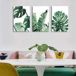 Arte da parede da sala de estar Folha verde Pintura de vida simples Decoração de parede do quarto Planta Monstera 3 peças Pintura de arte em tela Verde tropical Imagens da natureza