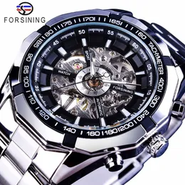 Forsining 2017 Silver Stainless Steel Waterproof Mens Skeleton Watches Top Brand Luxury Transparent Mechanical Male Wrist Watch Y1264L