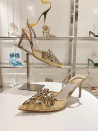 Itália Design Rene Caovilla Veneziana Mulheres Sandálias Sapatos Dedo Apontado Slingback Malha Couro Enfeite De Cristal Senhora Bombas Salto Stiletto EU35-43