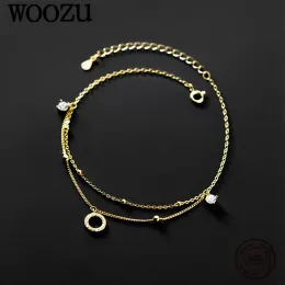 Anklets woozu Real 925 Sterling Silver Luxury Double Leaer Bead CrystalZircon Chain Anklet for Women Minumalist Foot Beach Jewelry Gift