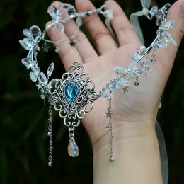 Jóias florestas fadas cabelos tiara elfo coroa de cristal borlas de banda de cabelo jóias de cabelo de pixie para mulheres