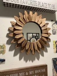벽 거울 장식 12 인치 소박한 나무 거울 햇살 햇볕에 출입구 침실 거실 욕실 집 따뜻한 선물을위한 Boho 거울