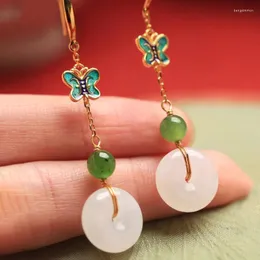 Dangle Earrings Natural Hetian Jade Round For Women Chinese Style Enamel Butterfly Long Eardrop Classic Elegant Wedding Jewelry
