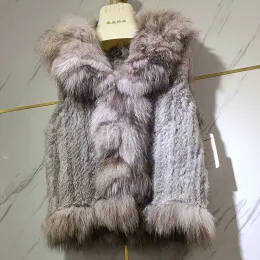 Gilet di pelliccia da donna in vera pelliccia di coniglio lavorato a maglia con collo di vera pelliccia di volpe Gilet corto di pelliccia genuina femminile Giacca senza maniche da donna