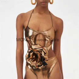 Costumi da bagno da donna Brozing Gold Donna Lucido fiore 3D Scava fuori il costume intero 2023 Costume da bagno senza schienale per le vacanze Monokini BeachwearH24222