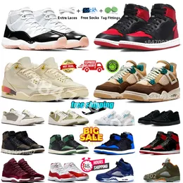 Sneakers firmate Jumpmanss 1 3 4 5 11 Scarpe da basket Satin Bred Patent Royal Reimagined Black Cat Thunde 4s Grigio 11s White Cement 5s Palomino 12s Cherry Train Sports