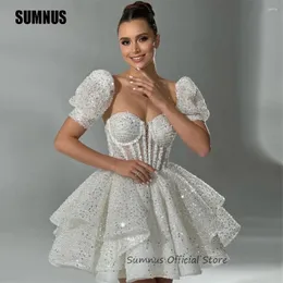Party Dresses SUMNUS Shinny Sequined A-Line Sweetheart Short Wedding Detachable Sleeves Tiered Princess Bridal Mini Gowns