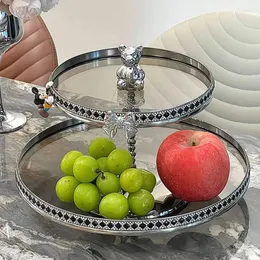 Plates Diamond Glass Fruit Plate Living Room Tea Table Household Kitchen Light Luxury 2-layer Dessert Afternoon Nut