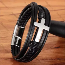 Hot Multi-layer Hand-woven Rope Magnet Buckle Cross Leather Bracelet Mens Punk Style Fashion Trend Personality Jewelry