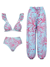 V-Neck Ruffled Bikini Three Pieces Swimwear Women Swimsuit Female Bikini And Beach Pants Printed Bathing Suit Beachwear 240219