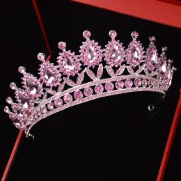 Ювелирные изделия KMVEXO, новинка 2019 года, розовая бусина-капля, свадебная тиара ручной работы, повязка на голову для невесты, диадема со стразами, королевская корона, свадебный аксессуар для волос