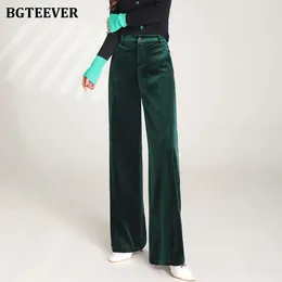 Damenhosen BGTEEVER Elegante Single Button Hohe Taille Weibliche Samt Frühling Taschen Lose Gerade Frauen Hosen