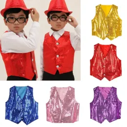 Kids Glittery Sequins Dance Wear Vest Waistcoat Children Boys Girls Vest Hip-hop Jazz Stage Performance Dance T-Shirt