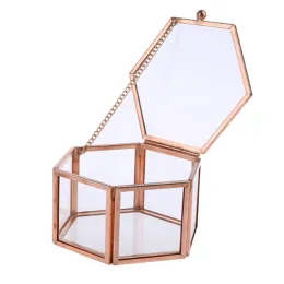 Anéis hexágono transparente rosa ouro caixa de anel de vidro caixa de anel de casamento geométrico caixa de jóias de vidro transparente organizador suporte de mesa
