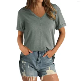Women's T Shirts Short Sleeve Tops For Women V Neck Summer T-shirt Seamed Rolled Dressy Casual Versatile Pullover Camisetas