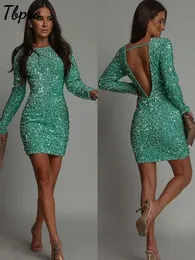 Basic Casual Dresses Sexy slim fit long sleeved shiny dress sexy party backless O-neck tight sequin mini tank top 2023 Christmas party dress J240222