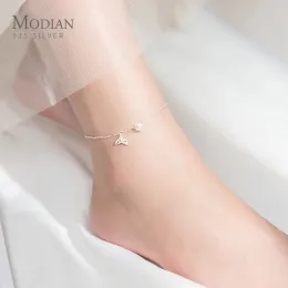 Anklety Modian elegancki 925 Srebrny syrenka z urokami Regulowany łańcuch nóg kostki dla kobiet urok Clear Cz Foot Jewelry