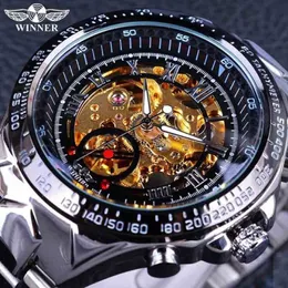 Winner Classic Series Golden Movement Inside Silver Stainless Steel Mens Skeleton Watch Top Brand Luxury Fashion Automatic Watch W2466