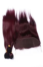 Wine Red Human Hair Bundle handlar om frontstängning rak 99J Bourgogne 13x4 Ear to Ear Lace Frontal Stängning med Virgin Hair4572633