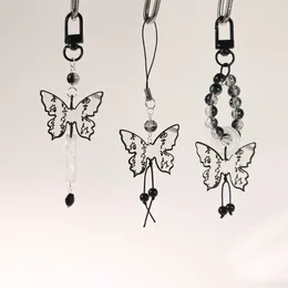 Keychains Black Butterfly Bead Pendant Phone Charm Straps Y2K Lanyard Purse Accessories