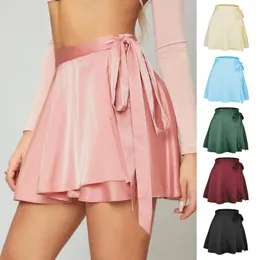 Röcke Kawaii Minirock Einfarbig Hohe Taille Mode Fliege Schnürung Kurze Chiffon Satin Süße Wrap Frauen Kleidung