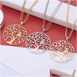 Pendant Necklaces Fashion Cute Life Of Tree Crystal Owl Pendant Necklace For Women Vintage Sier Gold Plated Mtilayer Chain Long Neckla Dhqno