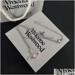 Designer High Quality 2023 Autumn New Western Empress Dowager Copper Plated White K Gold Droplet Oil Set Diamond Necklace Pink Drop D Dhhg3