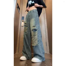 Erkekler Kot Bahar Yaz Vintage Street Giyim Yırtık Delik Erkek Kadınlar Harajuku Estetik Geniş Bacak Denim Pantolonları Unisex Düz Pantolon