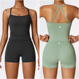 LM8519 Womens Yoga Two Piece Set Yoga Suit Vest Short Pants Excerise Sport Gym Running Trainer Summer Shorts Elastic High Waist Sportwear