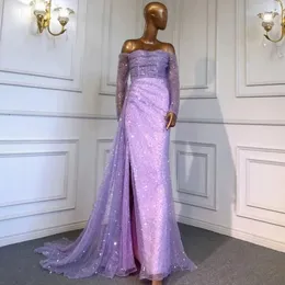 Lilac Mermaid Overskirt Evening Dress Gowns 2024 Off the Shoulder Long Sleeves Beaded Women Prom Formal Gowns Over-skirt Vestidos De Fiesta